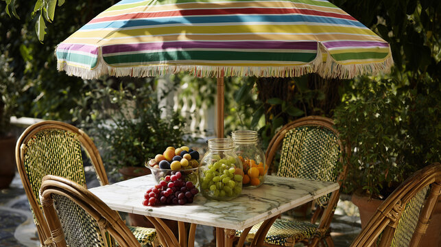 Outdoor setting with striped umbrella, marble table, wicker chairs, and fruit display in jars - Powered by Adobe