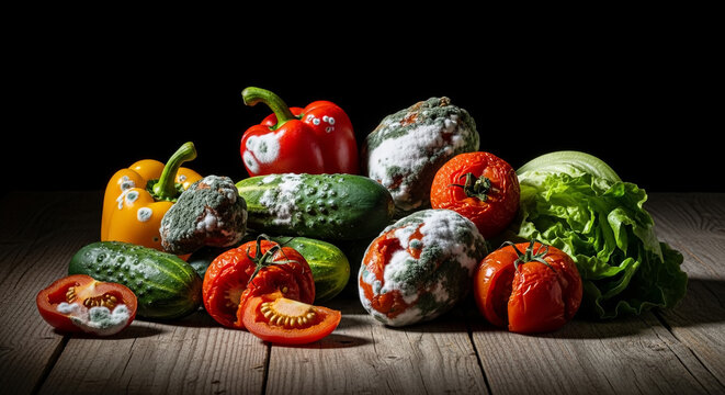Still life of decaying and spoiled vegetables on a wooden table, concept of food waste