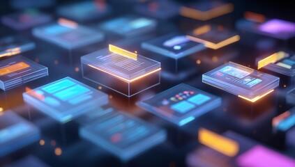 Abstract digital display panels, glowing with data