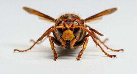 A calm and contemplative image of a Japanese hornet in a resting state, highlighting its body structure and details in a clean, distraction-free setting.