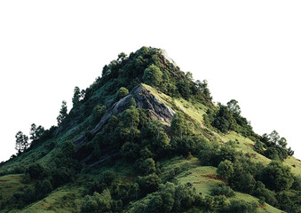 Summer mountain landscape with green trees, high peaks isolated on a transparent background