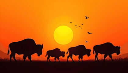  Four Buffalo Standing Still As Birds Fill The Sky