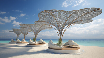 Beachside lounge areas with decorative canopies and ocean views on a sunny day in a tropical setting