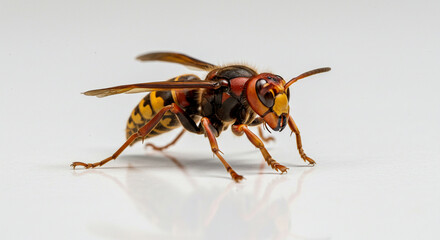 This dynamic image captures the Japanese hornet mid-air with partially blurred wings to convey motion, yet its body remains in razor-sharp focus.