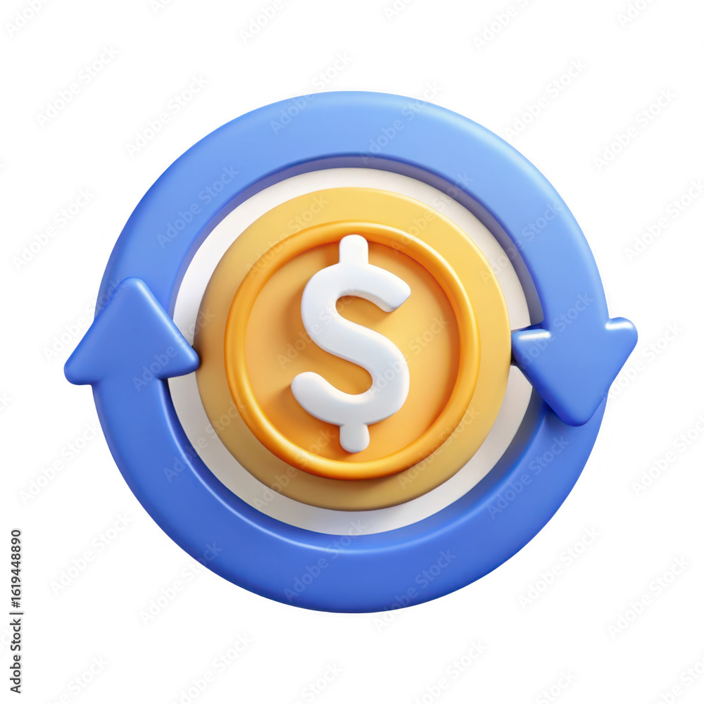 Poster circular arrows around dollar coin isolated on transparent background