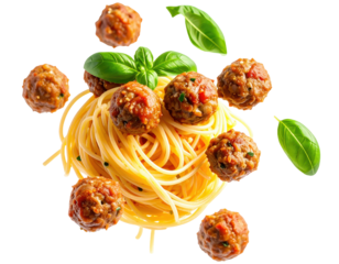 dynamic flying on air of spaghetti and meatballs PNG 
