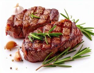 Fototapeta premium Grilled beef steaks with rosemary and garlic meat food dinner cuisine delicious