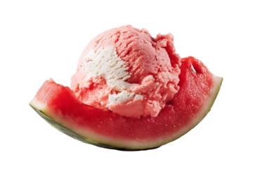Colorful watermelon ice cream scoop with realistic rind texture and creamy pink swirl isolated on transparent PNG background for seamless cutout use in dessert packaging and menu design