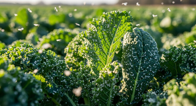 Green curly kale plant infested with white aphids or whiteflies in a sunny farm field