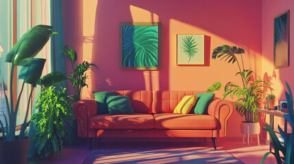 Bright living room featuring a cozy couch and lush green plant creating a refreshing atmosphere