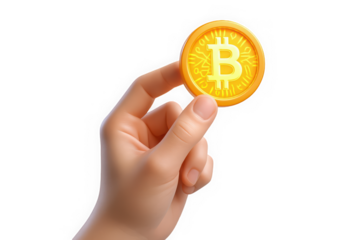 A hand holding a shiny golden Bitcoin, symbolizing digital currency and investment opportunities.