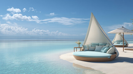 Obraz premium Beach cabanas with blue cushions on white sand under a bright sky with scattered clouds view of ocean