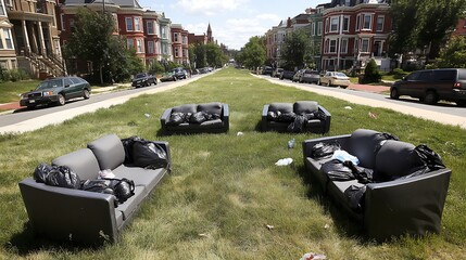 Abandoned couches litter a grassy median strip.