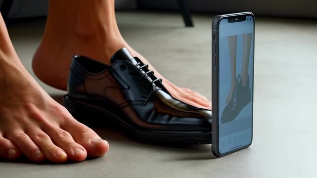 Black leather shoe with bare foot and smartphone showing ar shopping app for virtual shoe try experience concrete floor barefoot feet near footwear