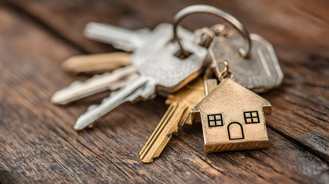 Keys to a new home: A close-up of a house-shaped keychain with keys on wood