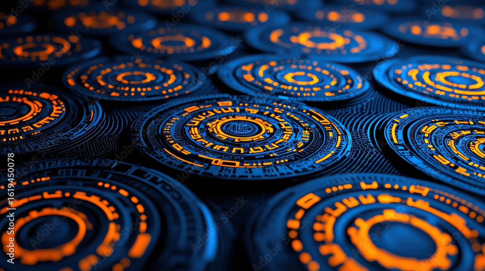 Poster abstract futuristic pattern with glowing circular shapes on a dark background, showcasing blue and o