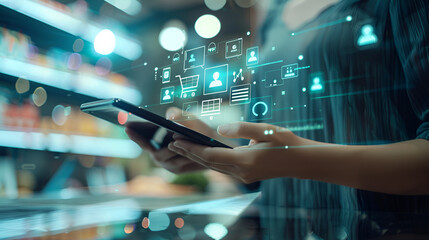Person using a mobile device with digital icons overlayed in a supermarket aisle environment view shot .