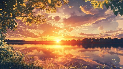 Serene Lakeside Sunset: A Captivating Landscape Painting with Warm Colors