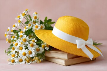 Bouquet of daisies near yellow summer hat resting on books