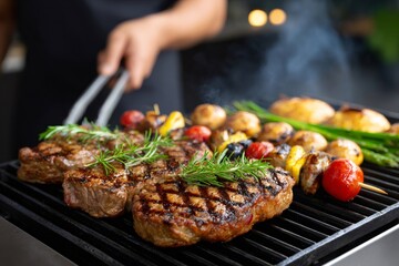 Chef grilling delicious juicy new york strip steaks and vegetable skewers on barbecue grill