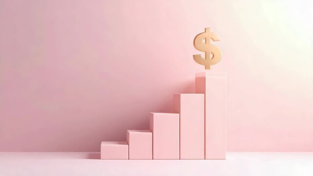 Business graph with dollar sign concept illustrating financial growth pink steps and bar chart featuring golden currency symbol shining soft light
