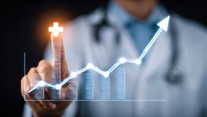 Doctor's finger points to a rising graph with a plus symbol