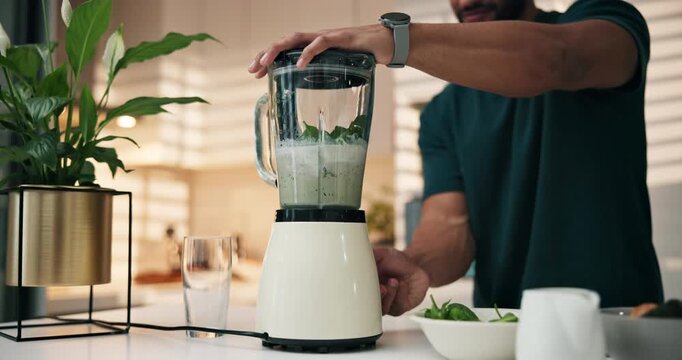 Hands, blender and ingredients for smoothie in kitchen, container and meal prep for liquid diet at home. Person, mint and milk for wellness, nutrition or detox for gut health benefits at apartment