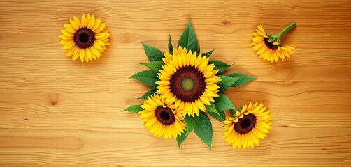 Overhead view of light oak countertop, sunflower wreath centered,  bright,  flatlay