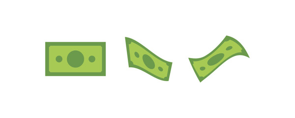 Green money bills vector set. Flat cash currency, perfect for financial designs. Flying and flat money bills vector. Financial success, wealth, and payment concepts