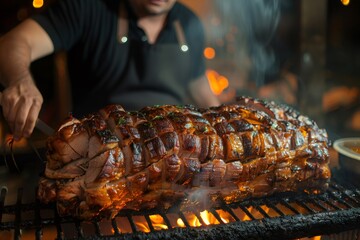 Chef slicing grilled pork loin over flames in barbecue grill