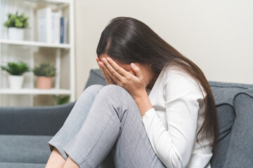 Sad, unhappy. Alone asian young woman, girl expression face thinking about problem, difficulty,...