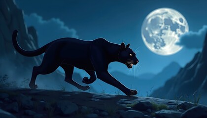 Sprinting Black Panther Across Moonlit Rocks In Full Motion