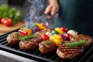 Chef grilling delicious beef patties and vegetable skewers during a barbecue