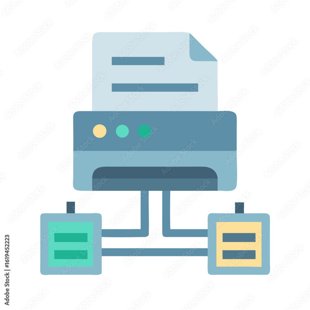 Poster isolated network printer icon with file and servers attached