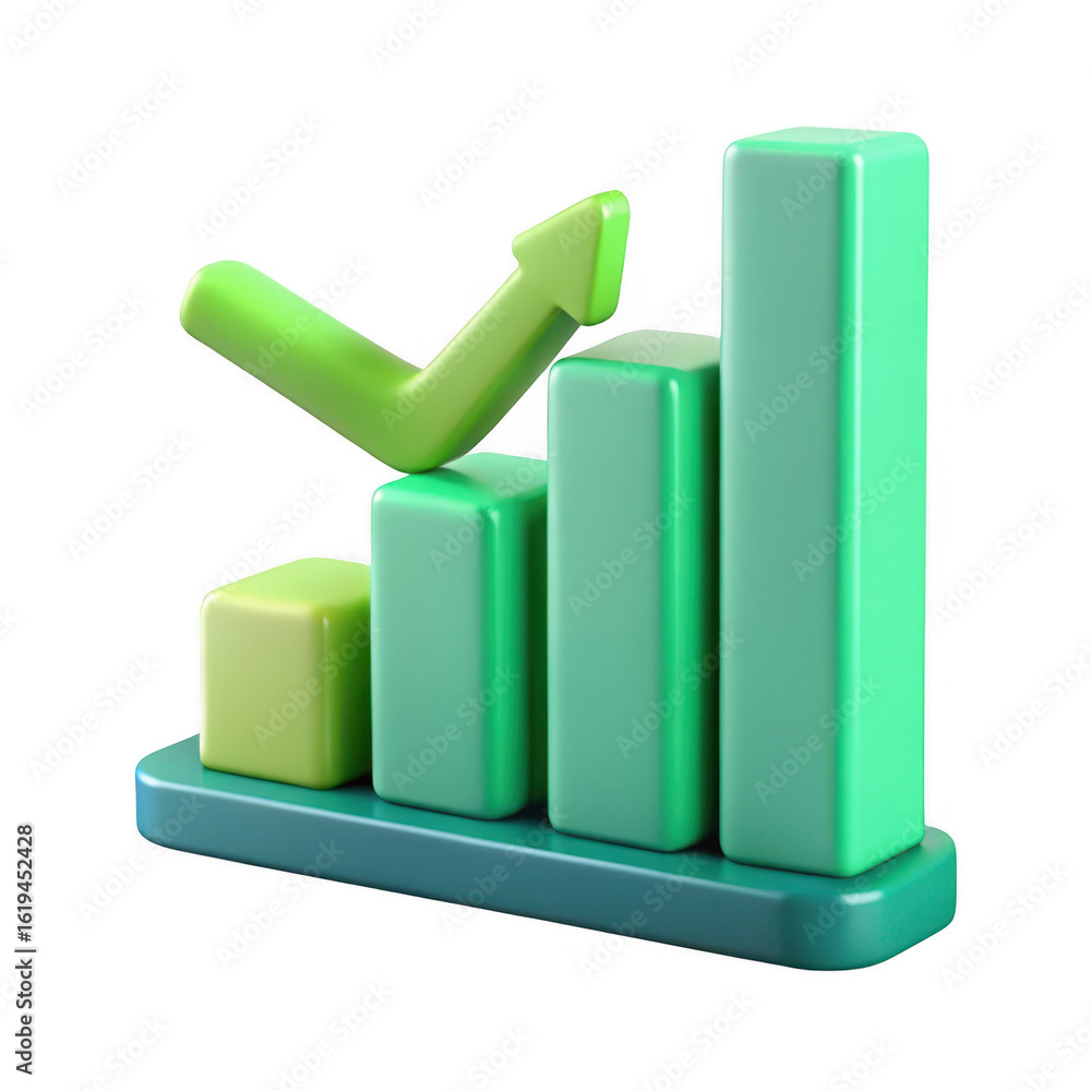 Poster green 3d bar chart with upward arrow isolated on transparent background