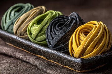 Colorful uncooked fettuccine pasta nests resting on dark textured tray