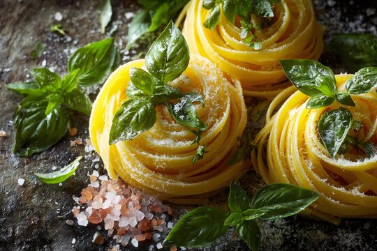 Tagliatelle pasta nests with basil leaves, parmesan and himalayan pink salt on dark background - Powered by Adobe