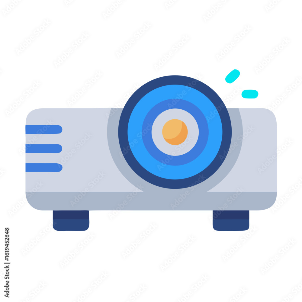 Poster flat design icon of a digital projector with light
