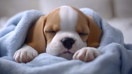 A small beagle puppy sleeps nestled in a soft blue blanket.