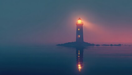Fototapeta premium Lighthouse with Light Beaming, Fog Rolling over Water for Guidance and Safety