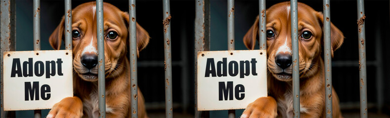 Adoptable puppy in a shelter with an "Adopt Me" sign