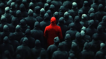 Obraz premium One Red Hood in a Sea of Grey.
