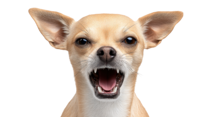 Angry isolated small dog on transparent background showing teeth with open mouth