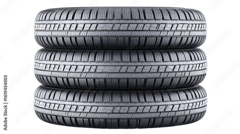 Poster stack of three isolated tires on transparent background showing tread pattern