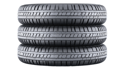 Stack of three isolated tires on transparent background showing tread pattern