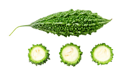 Top view set of green bitter gourd or bitter melon with slices scattering isolated on white...