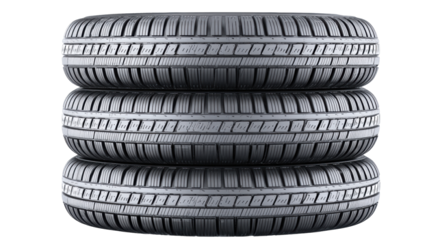 Stack of three isolated tires on transparent background showing tread pattern