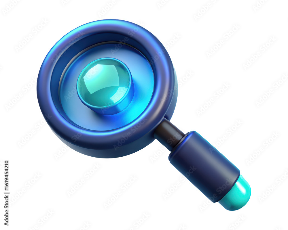 Poster glossy blue magnifying glass icon rendered in 3d for search and exploration concepts against backdro