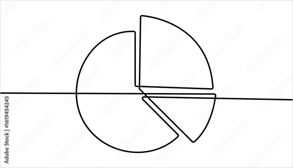 Poster continuous line drawing of pie chart and arrow growth up, business concept sketch object one line, p