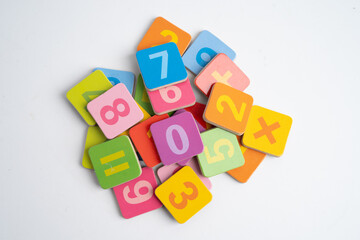 Number wood block cubes for learning Mathematic, education math.